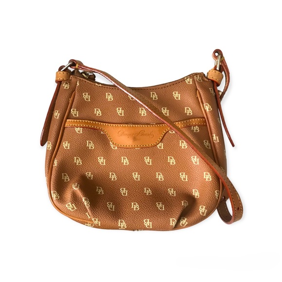 Dooney & Bourke Brown/Pale Yellow Signature Print PVC Tan Leather Small Bag - Picture 1 of 5